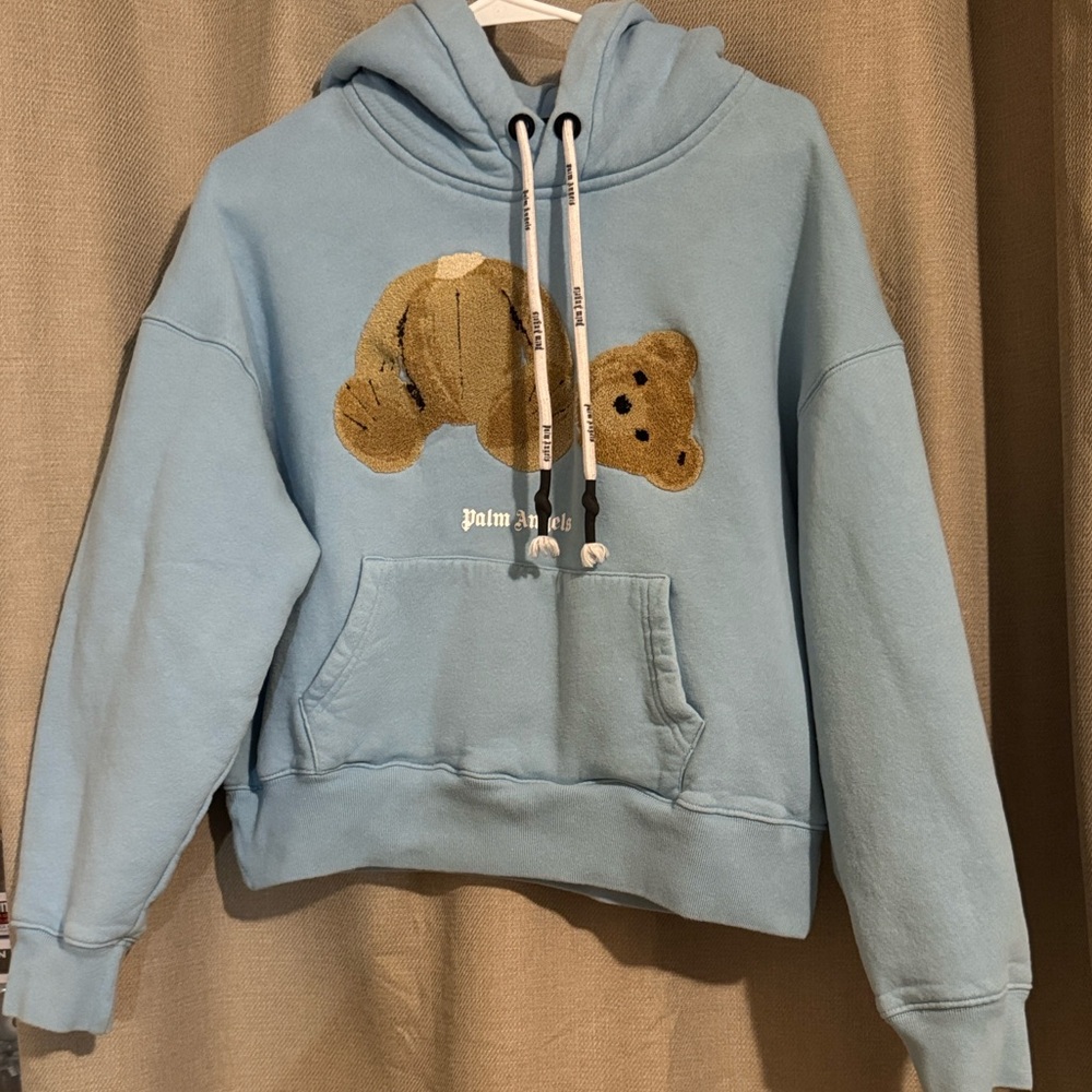 Palm Angels Light Blue Hoodie with Teddy Bear Motif